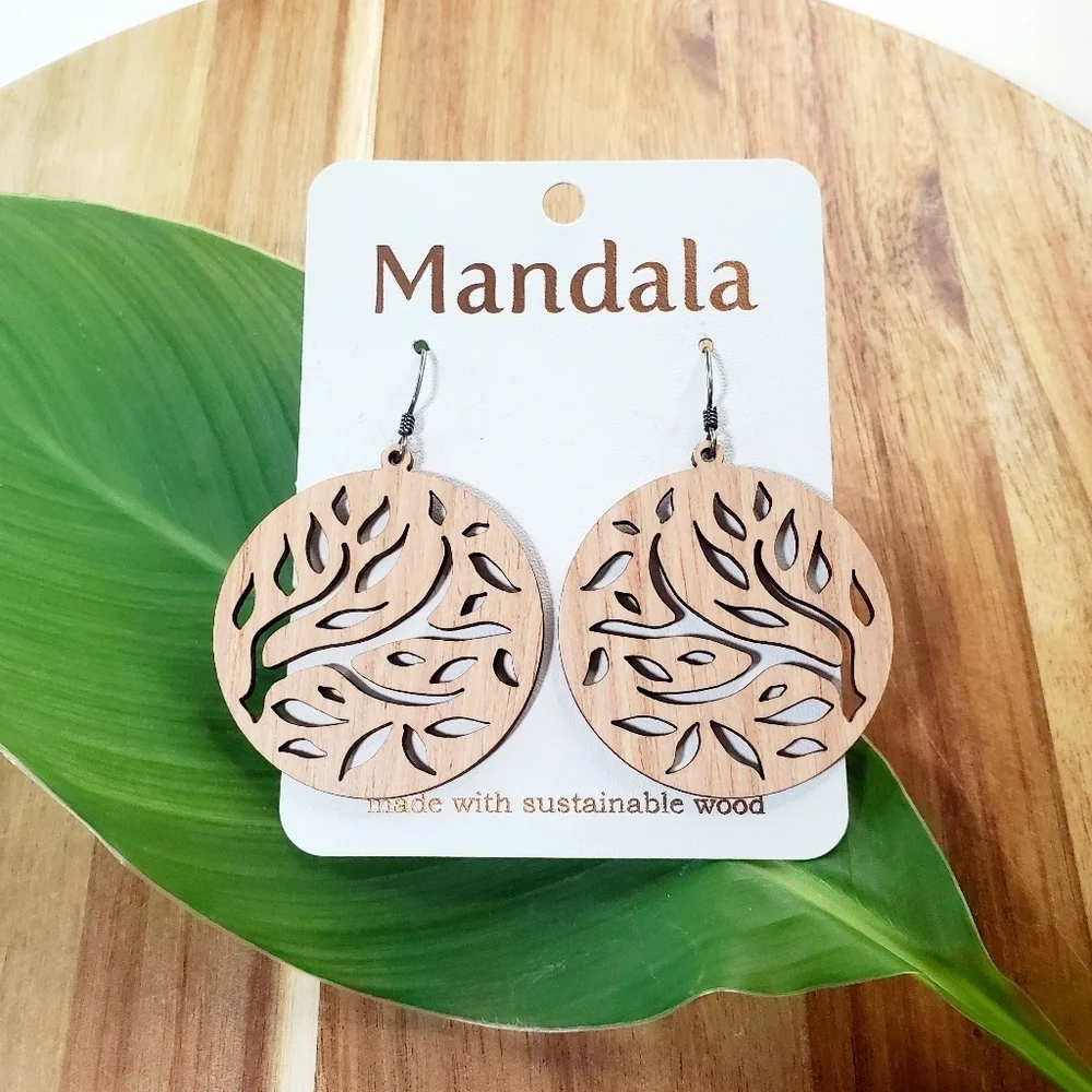 MANDALA Laser Cut Light Wood LG. Earrings Sterling Siver Bohemian Leaf NWT